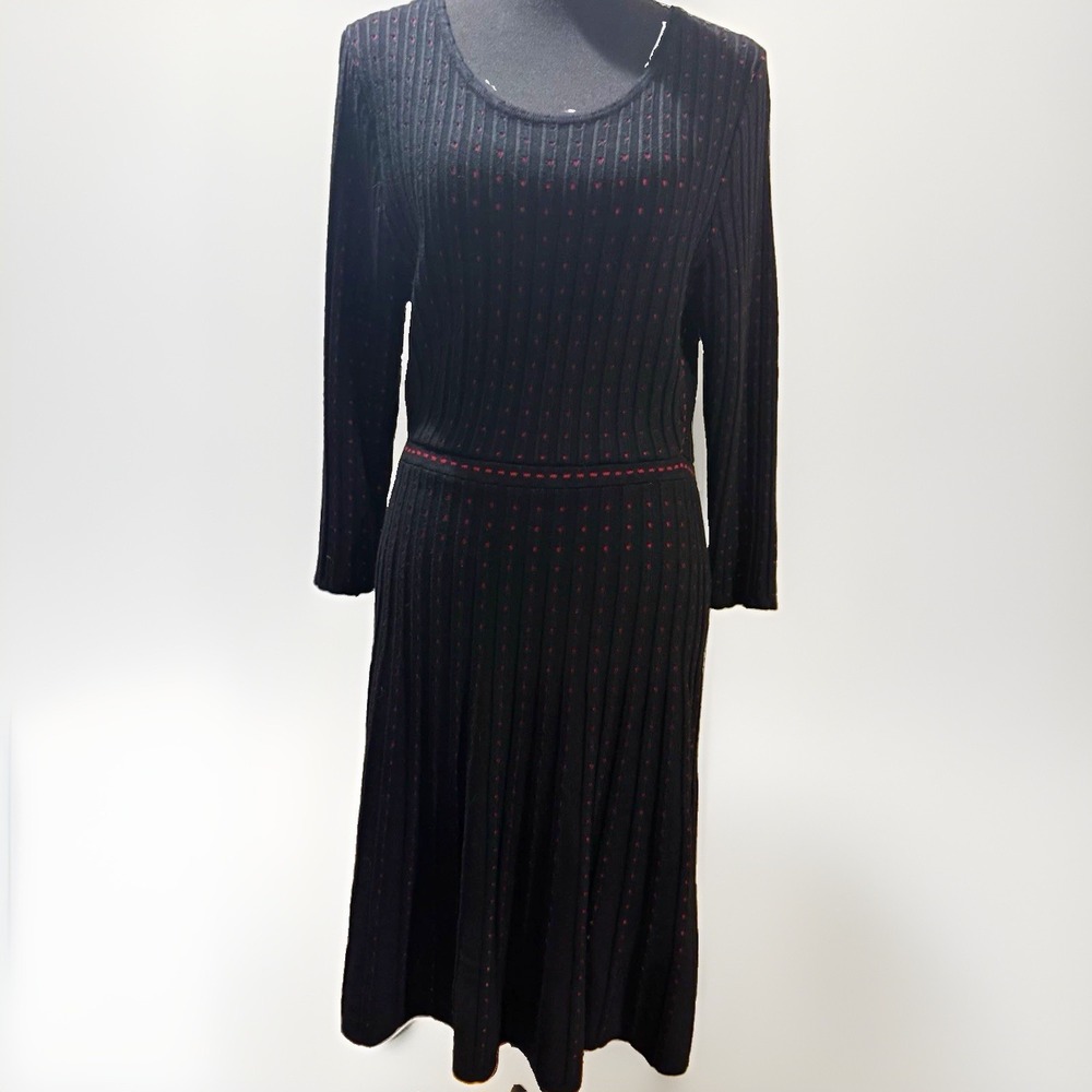 Nina Leonard Black Red Stripe Ribbed Knit Scoop Neck 3/4 Sleeve Midi A-Line L